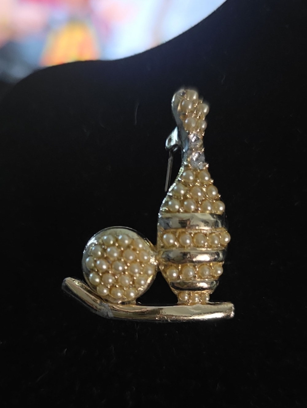Vintage Gold-Tone Bowling Pin and Ball Brooch with Cream Pearls